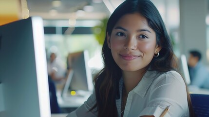 Portrait of Enthusiastic Hispanic Young Woman Working on Computer in a Modern Bright Office Confident Human Resources Agent Smiling Happily While Collaborating Online with Colleagues : Generative AI