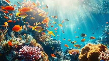 Naklejka premium Tropical sea underwater fishes on coral reef Aquarium oceanarium wildlife colorful marine panorama landscape nature snorkeling diving : Generative AI