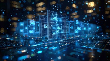 Digital Archive Concept with Floating Data and Neon Lights in High-Tech Environment