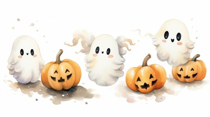 Watercolor illustration of cute ghosts with pumpkins, playful and suitable for Halloween