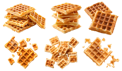Square Waffle waffles wafel batter dessert on transparent cutout, PNG file. Many assorted different angles, stack, flat lay, broken, pile, cube, slice. Mockup template for artwork