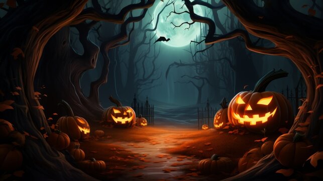 An atmospheric Halloween setting showcasing carved pumpkins among twisted trees under a moonlit sky