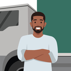 Young truck drivers man standing in front of his truck. Flat vector illustration isolated on white background