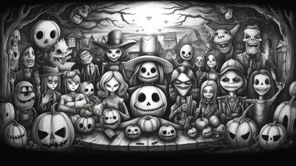 Black and white illustration of a diverse group of Halloween characters in a spooky setting