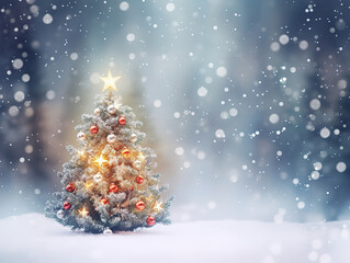Christmas winter blurred background. Xmas tree with snow decorated with garland lights, holiday