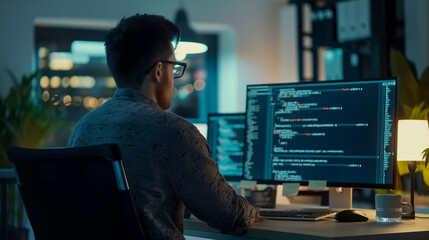 Programmer writing program code Looking at the computer screen
