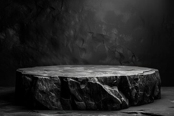 Black rock podium on a dark background for product display or mockup.