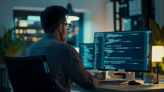 Programmer writing program code Looking at the computer screen