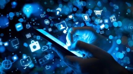 An individual engaging with a digital tablet surrounded by floating application and social media icons