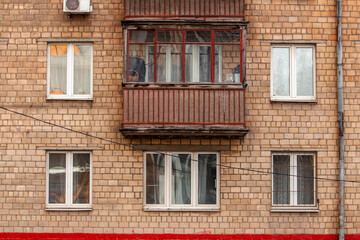 Old Khrushchev Moscow. Historic houses in the center of Russia. Facade of a residential building. Sight.