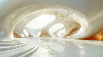 Futuristic White Architecture Interior with Curved Structures and Natural Light