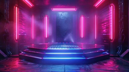 Futuristic stage with neon lights and blue platform