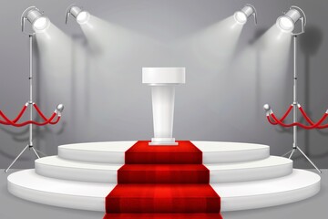 White podium with red carpet and spotlights on a stage for an award ceremony