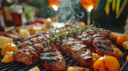 Friends Enjoying Barbecue Party Outdoors with Grilled Meat and Vegetables