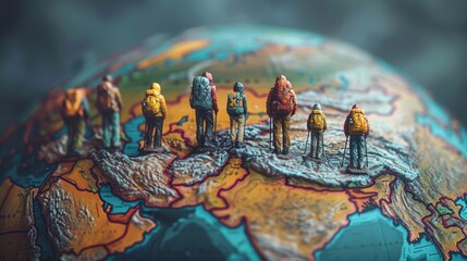 Group of People Hiking Across a Globe in Conceptual Travel Adventure Artwork