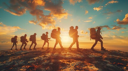 Diverse Group of Hikers Trekking at Sunset on a Scenic Mountain Trail
