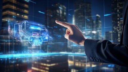 A well-dressed person points at an intricate holographic tech interface, emphasizing high-tech industry and futuristic design