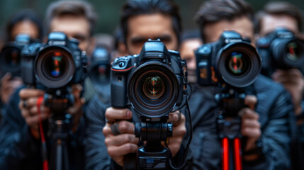 Group of Photographers Holding Cameras with Focused Lenses in Black Studio