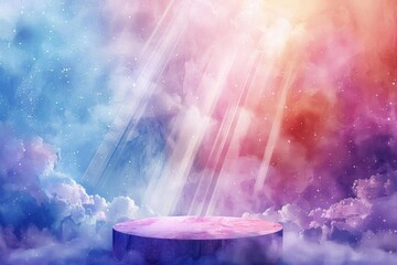 Heavenly podium with celestial light and ethereal particles, peaceful and divine, watercolor, pastel tones