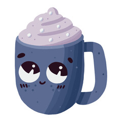 Vector hand drawn cute blue coffee mug with smiling face