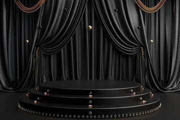 Black velvet curtains with gold trim and a circular podium for product display.