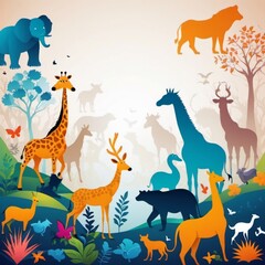 A detailed illustration featuring a variety of animals, including mammals, birds, and reptiles, set against a backdrop of lush vegetation
