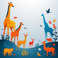A detailed illustration featuring a variety of animals, including mammals, birds, and reptiles, set against a backdrop of lush vegetation