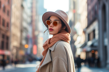 Fototapeta premium A sophisticated and fashionable image of an attractive model girl walking down a city street, dressed in the latest fashion with a hat, scarf and coat