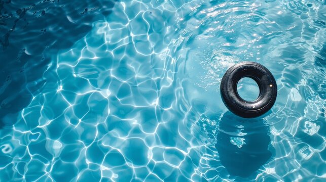 aerial view, floating tire on the blue water of the pool, copy and text space, 16:9