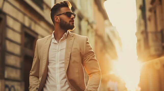 Handsome confident stylish hipster lambersexual modelSexy modern man dressed in elegant beige suit Fashion male posing in the street background in Europe city at sunset In sunglasses : Generative AI