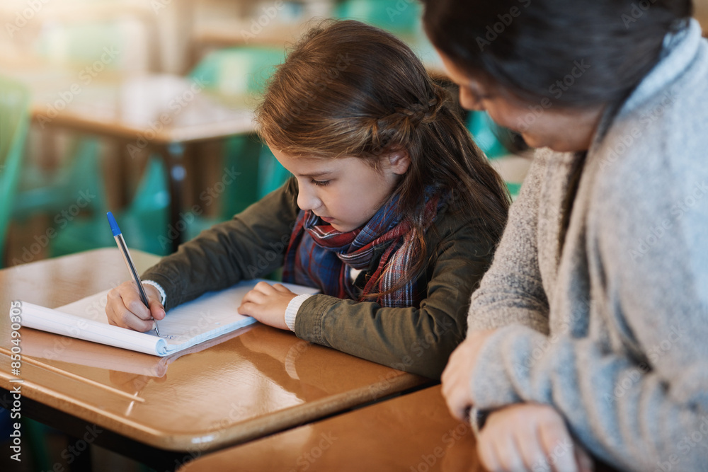 Poster teacher, education and help child writing in notebook for learning, study or knowledge in class. kid