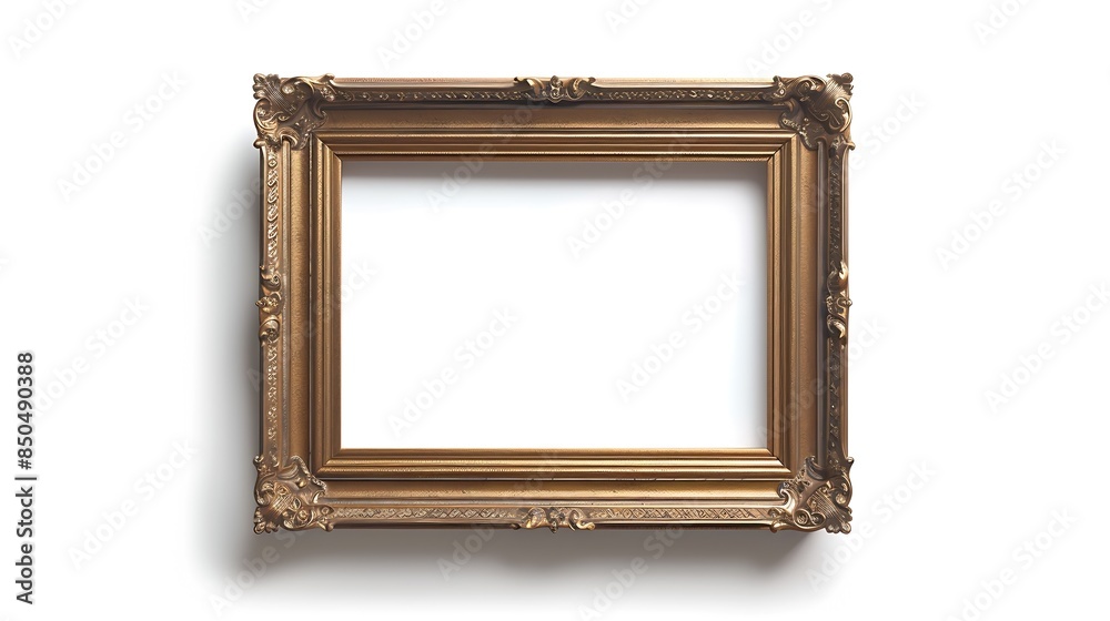 Poster antique gold brown classic old vintage wooden rectangle mockup canvas frame isolated on white backgr