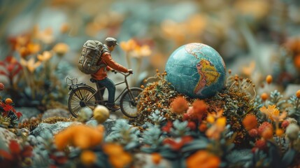 Creative Collage of Miniature Traveler Bicycling Towards Globe Amidst Colorful Flowers