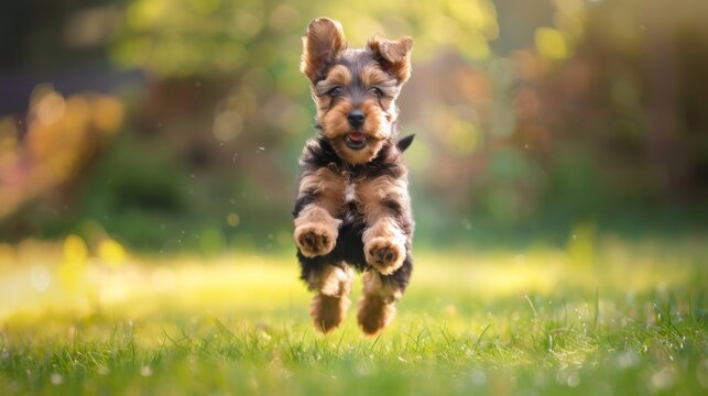 A cute young puppy joyously leaps through sunlit grass, conveying happiness and playfulness
