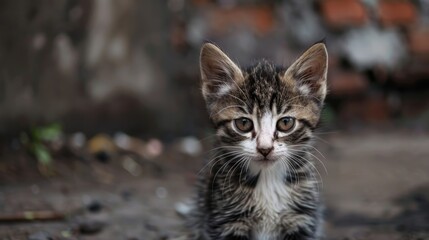 Obraz premium A sad homeless kitten staring directly at the camera