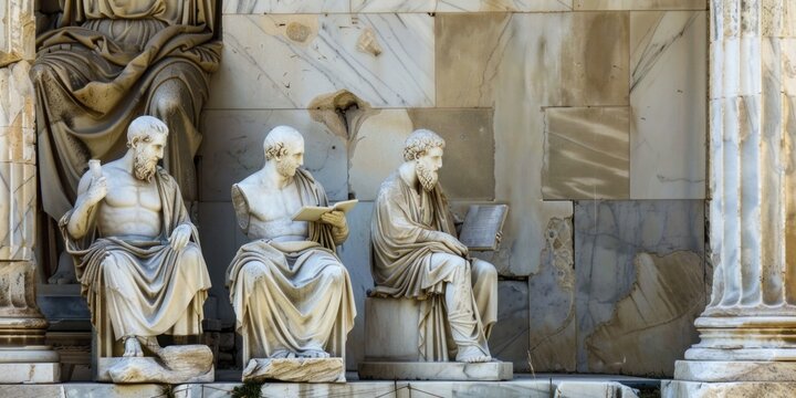 Three marble statues of ancient Greek philosophers seated in the Agora. Each statue depicts a bearded philosopher holding or reading a book