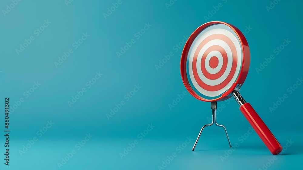 Aufkleber Target board inside of magnifier glass for focus business objective on blue background and copy space : Generative AI