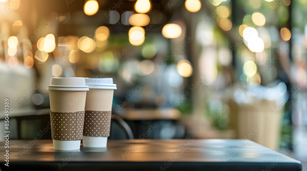 Poster blurred images of the coffee shop cafe interior background and lighting bokeh : generative ai