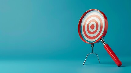 Target board inside of magnifier glass for focus business objective on blue background and copy space : Generative AI