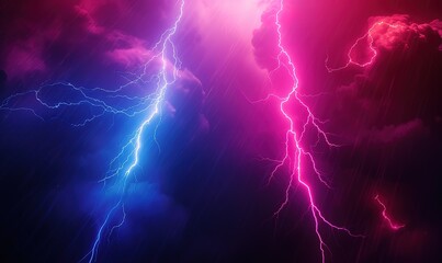 Illustration of two neon blue and pink lightning bolts on a foggy black background