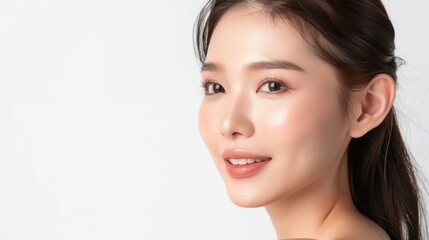 Naklejka premium Beautiful Asian woman with clear skin and a warm smile looking at the camera.