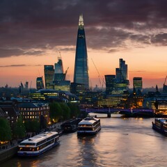London, United Kingdom - The bank district of central London with famous skyscrapers in golden shine and other landmarks at sunset with blue sky