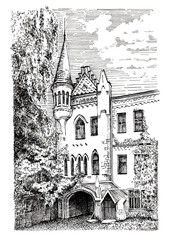 Architectural sketch illustration. Cityscape of Kyiv, Ukraine. Digital drawing by hand. Manual travel
