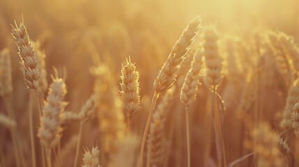 Fototapeta premium Beautiful nature sunset landscape Ears of golden wheat close up Rural scene under sunlight Summer background of ripening ears of agriculture landscape Natur harvest Wheat field natural : Generative AI