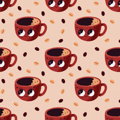 Vector hand drawn seamless pattern with cute cups of tea or coffee Smiling cups with hot drink Wrapping design