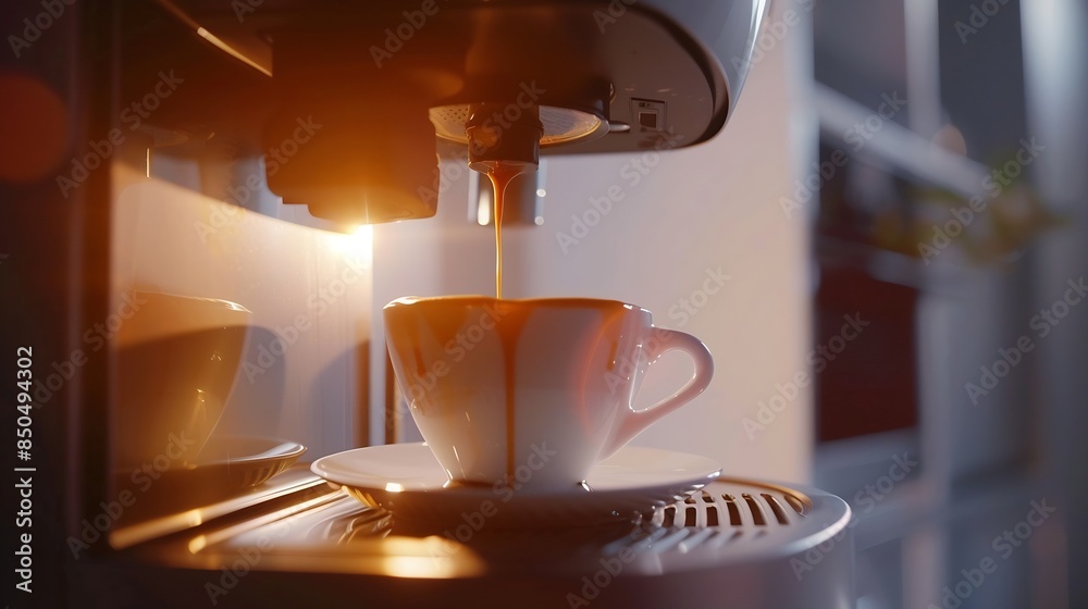 Aufkleber coffee machine filling a cup with making coffee by coffee machine into cup espresso coffee coming ou