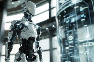 Futuristic humanoid robot in high-tech environment, showcasing advanced engineering and artificial intelligence technology.