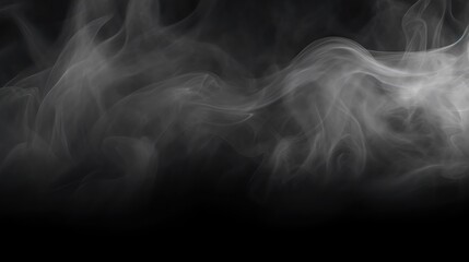 Abstract fog. White cloudiness, mist, or smog moves on black background. Beautiful swirling gray smoke. Mockup for your logo. Wide-angle horizontal wallpaper or web banner.
