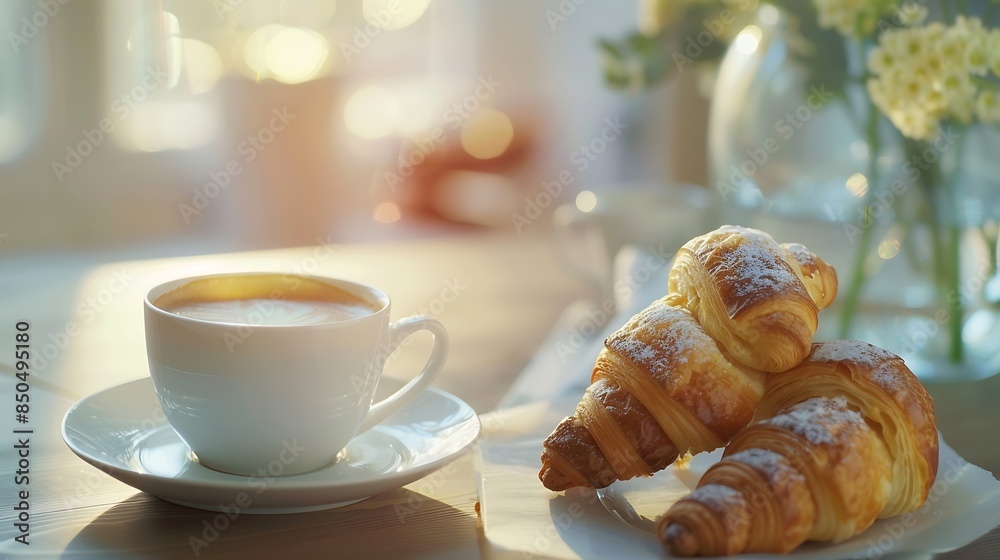 Poster breakfast view a bunch of croissant and a cup of coffee with cafe vibe background : generative ai