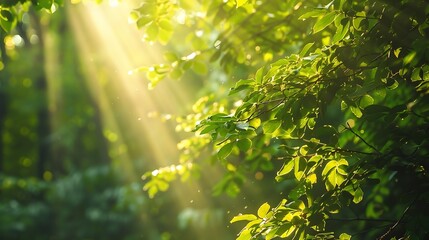 Beautiful summer morning in the forest Sun rays break through the foliage of magnificent green tree Magical summer forest : Generative AI